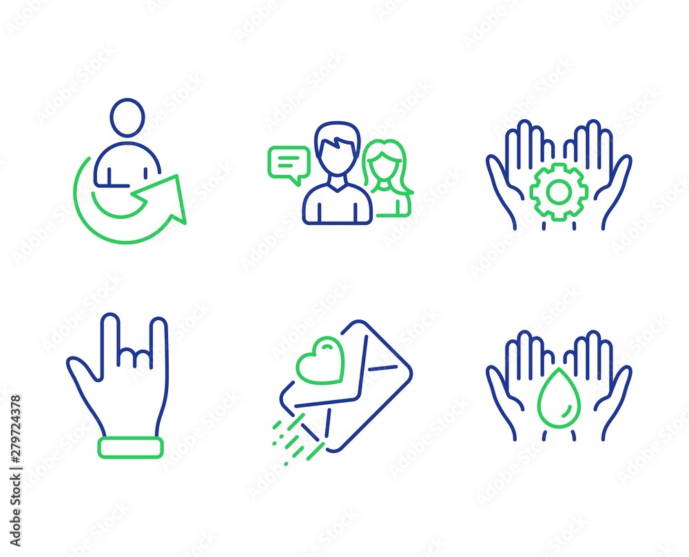 Obraz premium Employee hand, Horns hand and People talking line icons set. Love letter, Share and Safe water signs. Work gear, Gesture palm, Contact service. Heart. People set. Vector