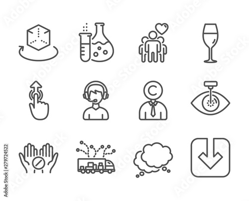 Set of Business icons, such as Eye laser, Load document, Speech bubble, Wineglass, Swipe up, Augmented reality, Consultant, Medical tablet, Truck delivery, Copyrighter, Chemistry flask. Vector