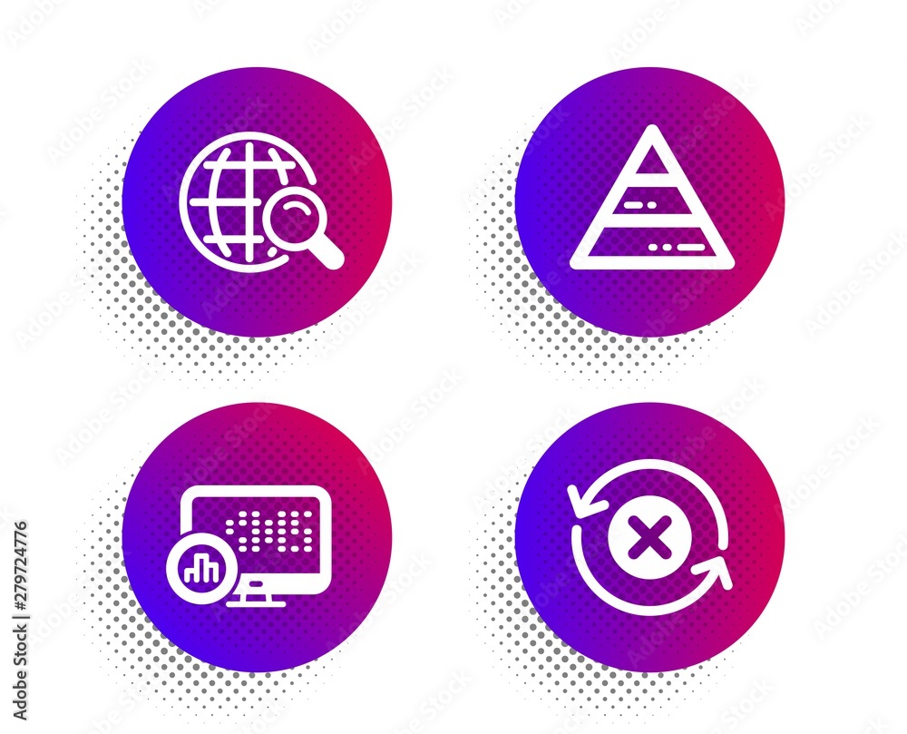 Report statistics, Internet search and Pyramid chart icons simple set. Halftone dots button. Reject refresh sign. Graph chart, Web finder, Report analysis. Update rejection. Technology set. Vector Report statistics, Internet search and Pyramid chart icons simple set. Halftone dots button. Reject refresh sign. Graph chart, Web finder, Report analysis. Update rejection. Technology set. Vector