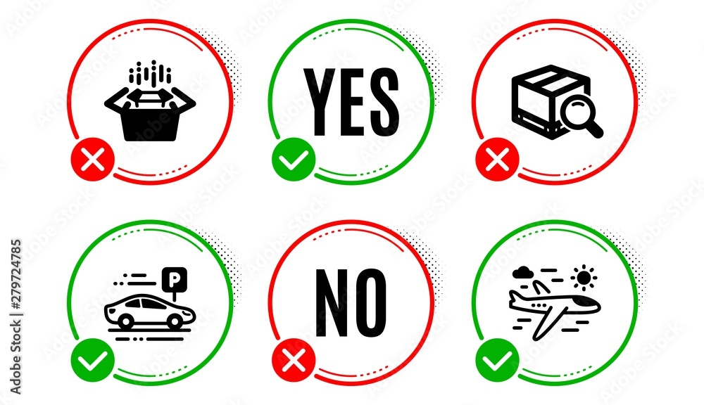 Search package, Packing boxes and Car parking icons simple set. Yes no check box. Airplane travel sign. Tracking service, Delivery box, Transport place. Trip flight. Transportation set. Vector