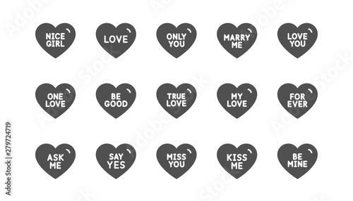 Sweet heart icons. Sweetheart for valentines day, love heart, romantic message. Marry me, kiss me, true love icons. Valentine flirt, dating message. Classic set. Quality set. Vector