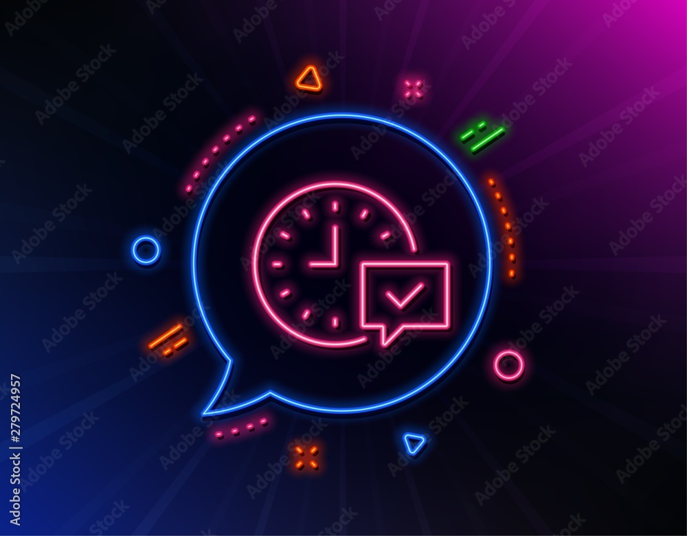 Time line icon. Neon laser lights. Select alarm sign. Glow laser speech bubble. Neon lights chat bubble. Banner badge with select alarm icon. Vector