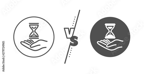 Sand watch sign. Versus concept. Time hourglass in hand line icon. Line vs classic time hourglass icon. Vector