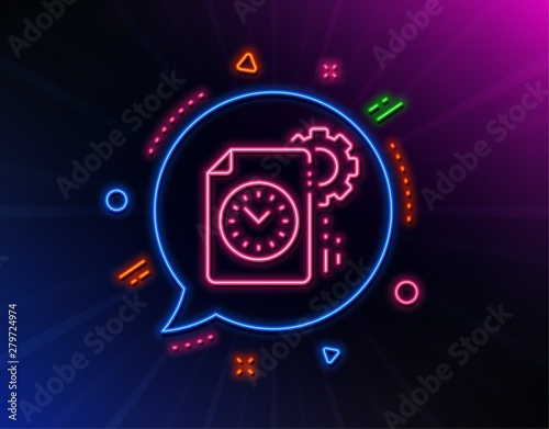 Project deadline line icon. Neon laser lights. Time management sign. File with gear symbol. Glow laser speech bubble. Neon lights chat bubble. Banner badge with project deadline icon. Vector