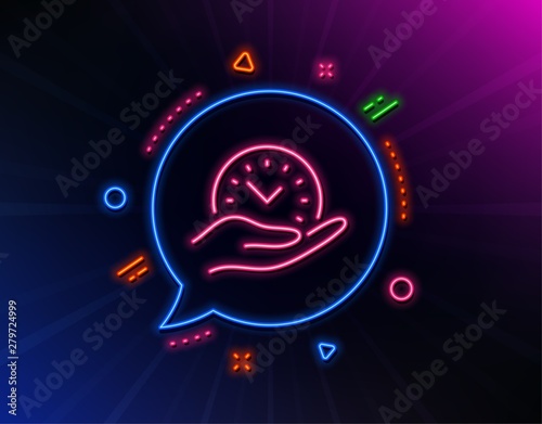 Safe time line icon. Neon laser lights. Clock sign. Office management symbol. Glow laser speech bubble. Neon lights chat bubble. Banner badge with safe time icon. Vector