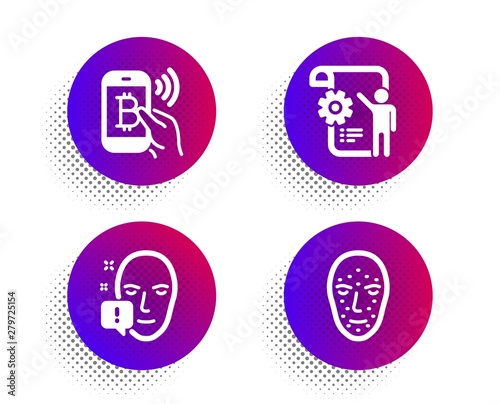 Bitcoin pay, Face attention and Settings blueprint icons simple set. Halftone dots button. Face biometrics sign. Mobile payment, Exclamation mark, Engineering cogwheel. Facial recognition. Vector