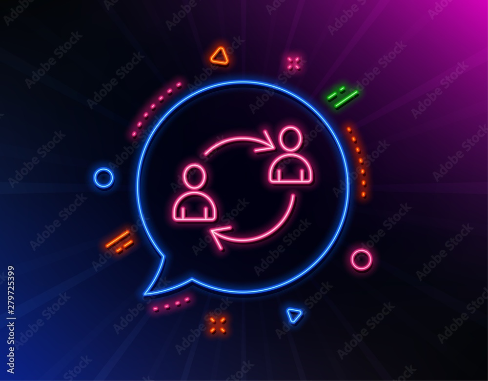 Teamwork line icon. Neon laser lights. User communication or Human resources. Profile Avatar sign. Person silhouette symbol. Glow laser speech bubble. Neon lights chat bubble. Vector