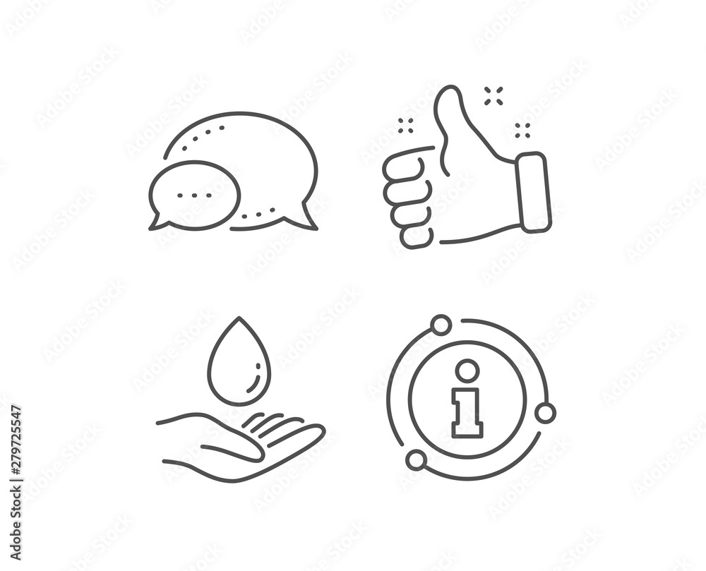 Water care line icon. Chat bubble, info sign elements. Clean aqua drop sign. Hand symbol. Linear water care outline icon. Information bubble. Vector Water care line icon. Chat bubble, info sign elements. Clean aqua drop sign. Hand symbol. Linear water care outline icon. Information bubble. Vector