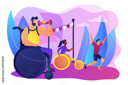 Sportsmen with disability running. Outdoor activity. Disabled sports, athletes with physical disabilities, sports for disabled people concept. Bright vibrant violet vector isolated illustration