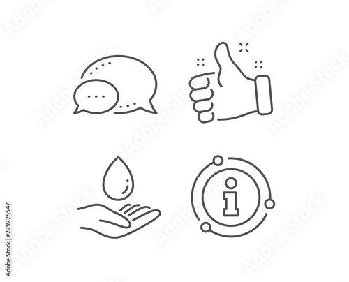Water care line icon. Chat bubble, info sign elements. Clean aqua drop sign. Hand symbol. Linear water care outline icon. Information bubble. Vector