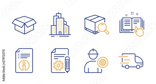 Search package, Skyscraper buildings and Technical documentation line icons set. Engineer, Technical info and Open box signs. Documentation, Truck delivery symbols. Line search package icon. Vector