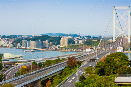 Kanmon strait and Kanmonkyo Bridge:Kanmonkyo Bridge connects Honshu and Kyushu in Japan.