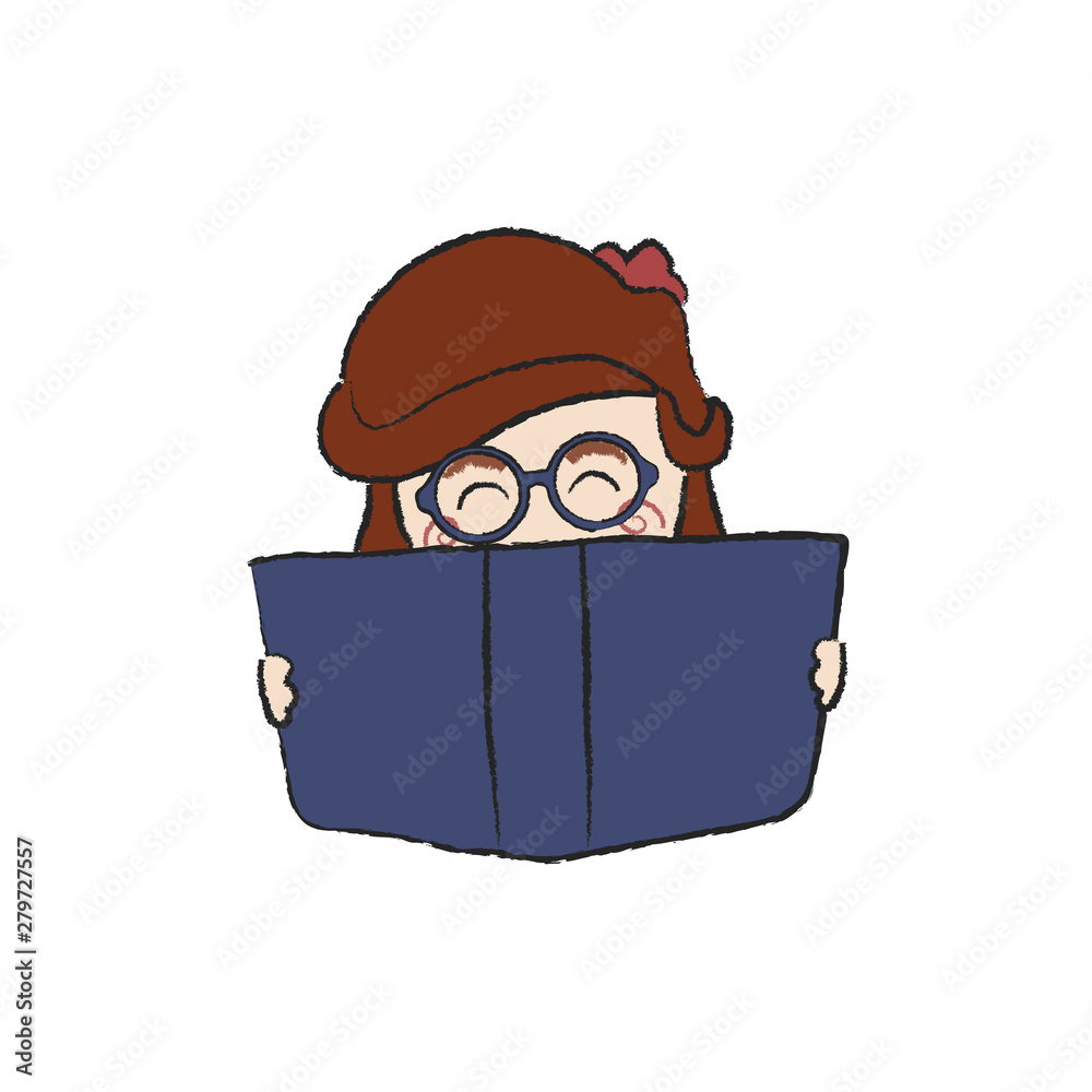 Little Girl With Glasses Reading a Book Png Cartoon Vector Illustration