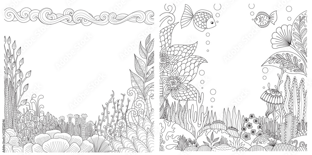 Line art of floral coral reefs,rocks and fish collection with copy space for design element. Vector illustration