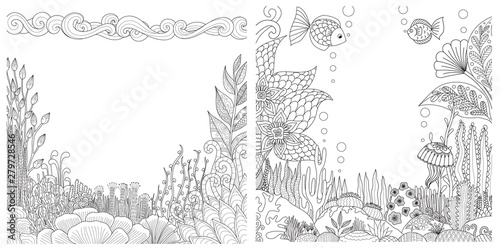 Line art of floral coral reefs,rocks and fish collection with copy space for design element. Vector illustration