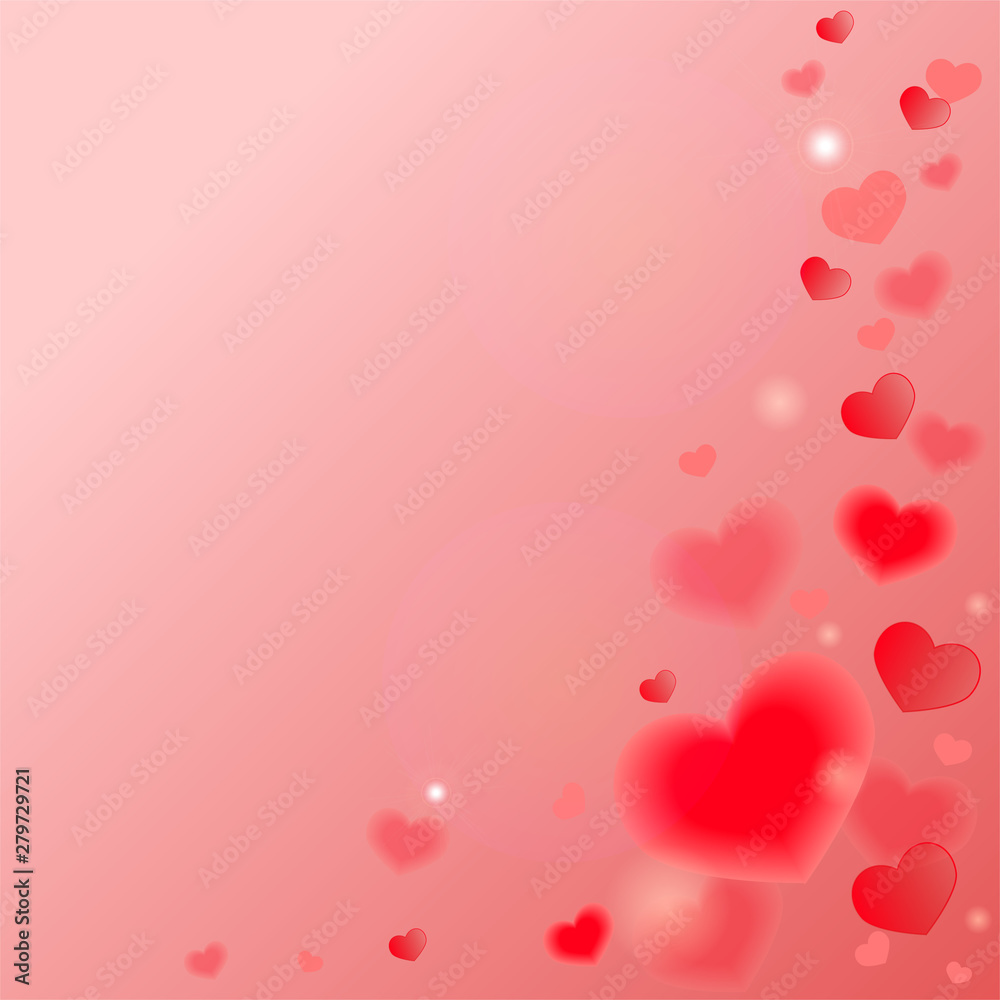 Red-pink Blur background with hearts. Vector card template.
