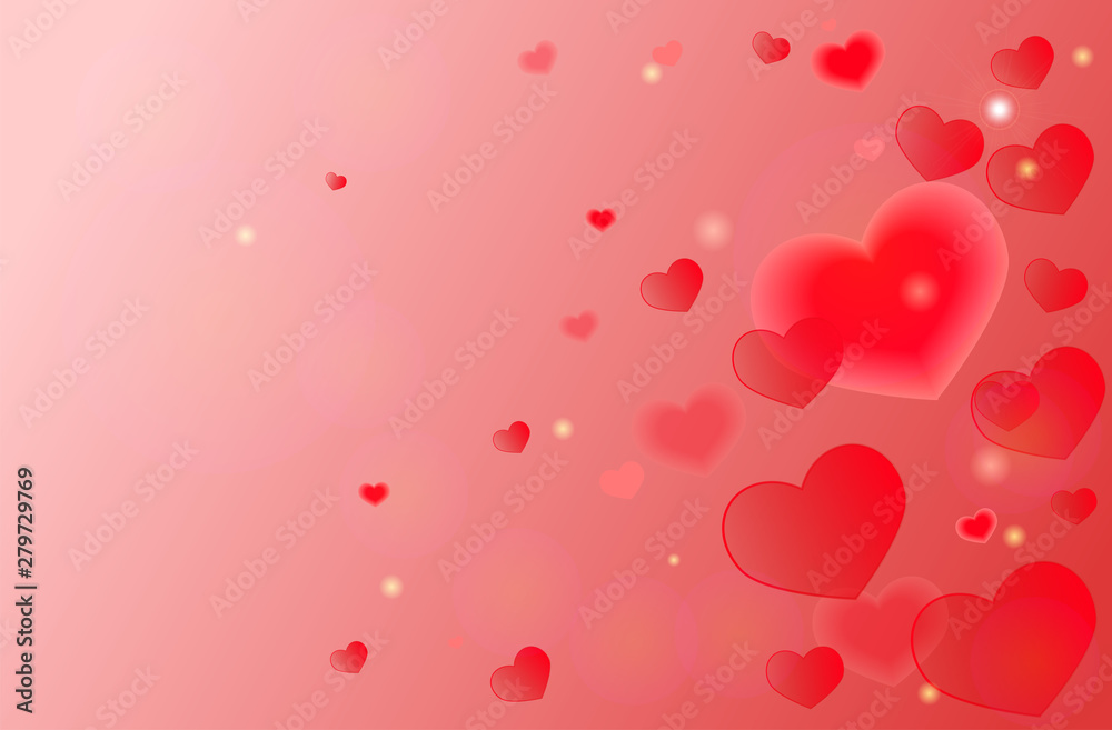 Red-pink Blur background with hearts. Vector template.