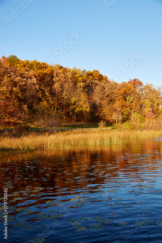 Saturated colors of fall on a lake in Northern Minnesota, USA