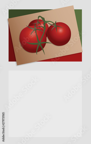 A menu template with a group of three red tomatoes joined by a stem with leaves over a leaned brown background and enclosure with green and red corners and a space to write in the bottom