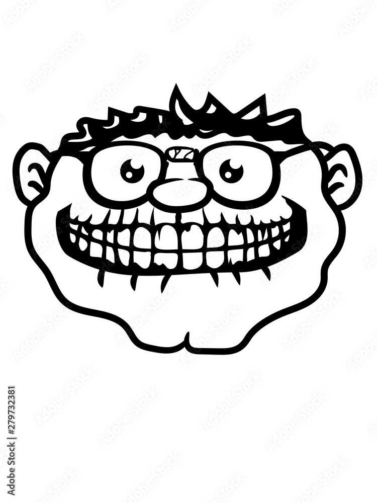 Obraz premium gesicht nerd grinsen mund monster zähne augen comic cartoon lustig hornbrille lesen bücher geek brille klebeband kaputt intelligent schlau cool freak clipart design logo