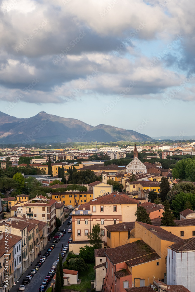 Panorama of Pisa, looking east along Via Cardinale Pietro Maffi, from the top flight of the Leaning tower of Pisa. Santa Caterina church stands out. Tuscany, Italy