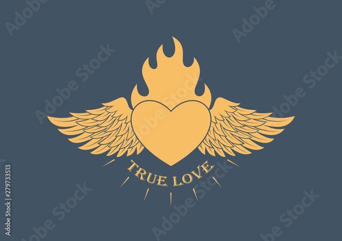 Color illustration of a heart in fire and wings with text. Vector illustration on the theme of love