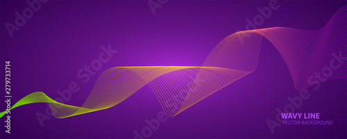 Twisted colored lines with mixed color. Dynamic flowing waves isolated on dark background. Abstract wavy spun stripes with green, yellow, purple colors. Line art, vector design elements