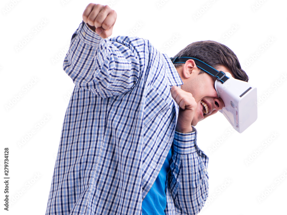 Young man wearing virtual reality VR glasses Young man wearing virtual reality VR glasses