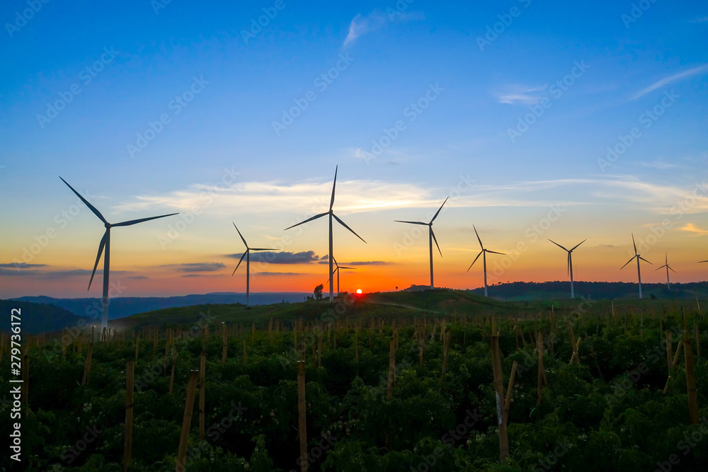 Wind turbine farm from clean energy. Wind power for electricity.