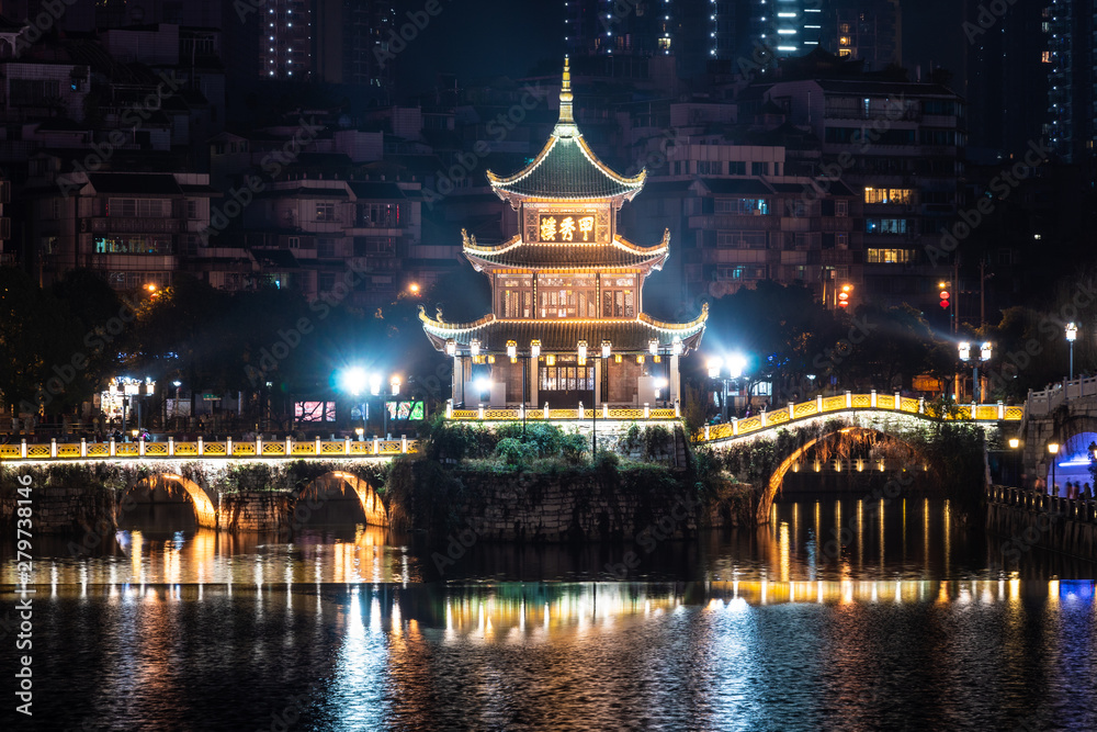 Night view of the famous Jiaxu tower and Fuyu bridge in Guiyang