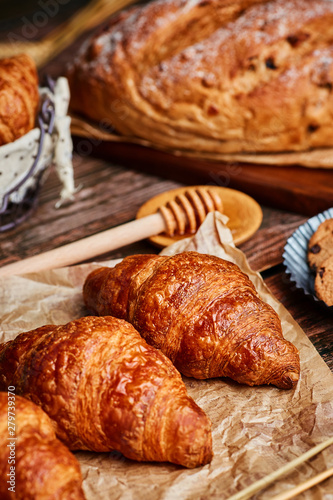 Miscellaneous delicious pastry on the wooden table