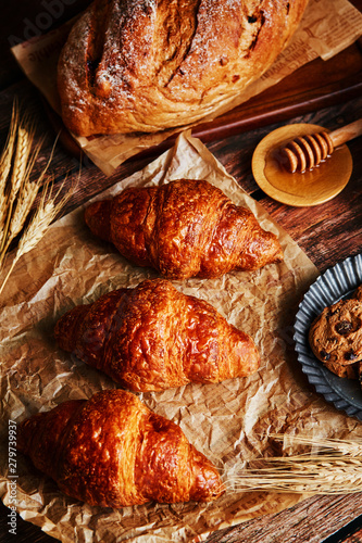 Miscellaneous delicious pastry on the wooden table