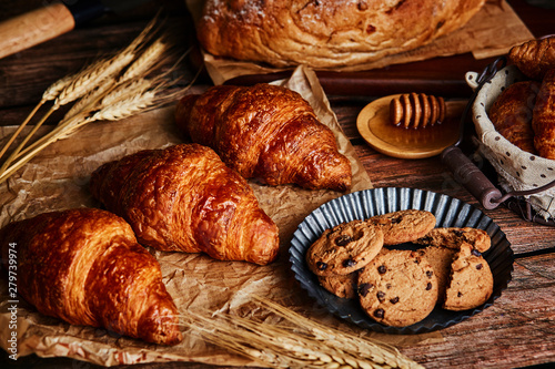 Miscellaneous delicious pastry on the wooden table