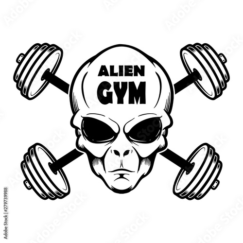 Alien gym. Alien head with crossed barbells. Design element for poster, banner, t shirt, emblem. Vector illustration