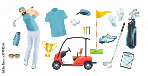 Golf equipment set logo icons sports gear for game