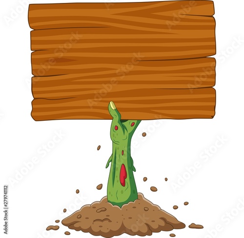 Cartoon zombie hand out of the ground holding blank sign