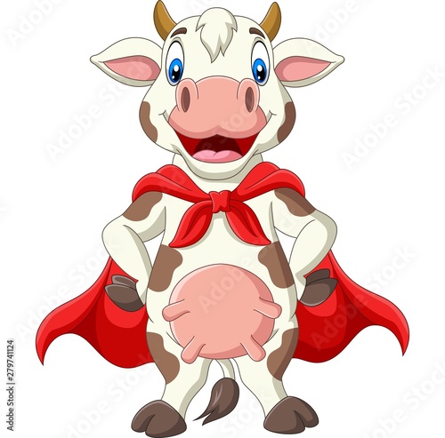Cartoon superhero cow in red cape posing