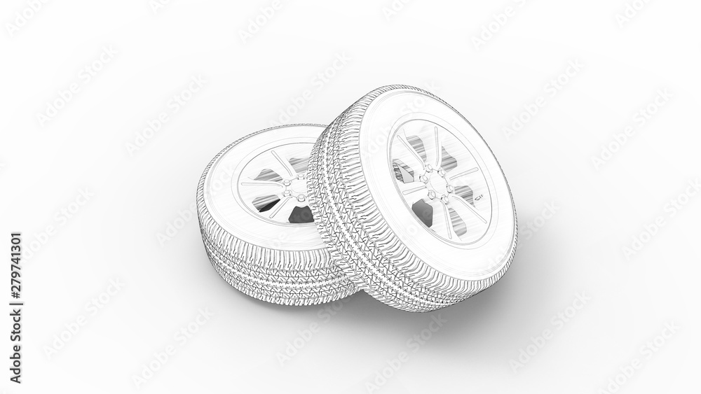 Naklejka premium Renderowania 3D dwóch opon samochodowych na białym tle w tle