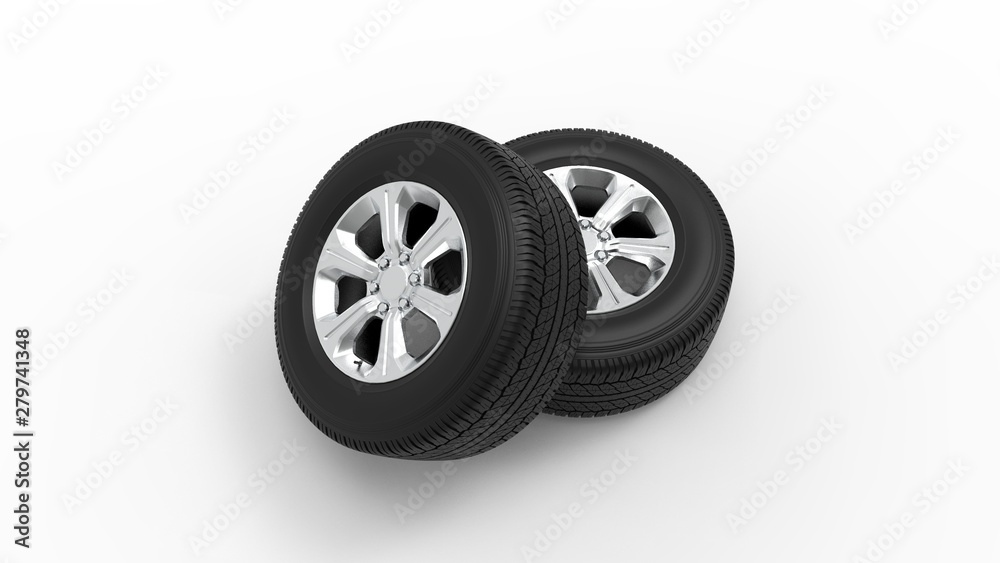3d rendering of two car tires isolated in white background