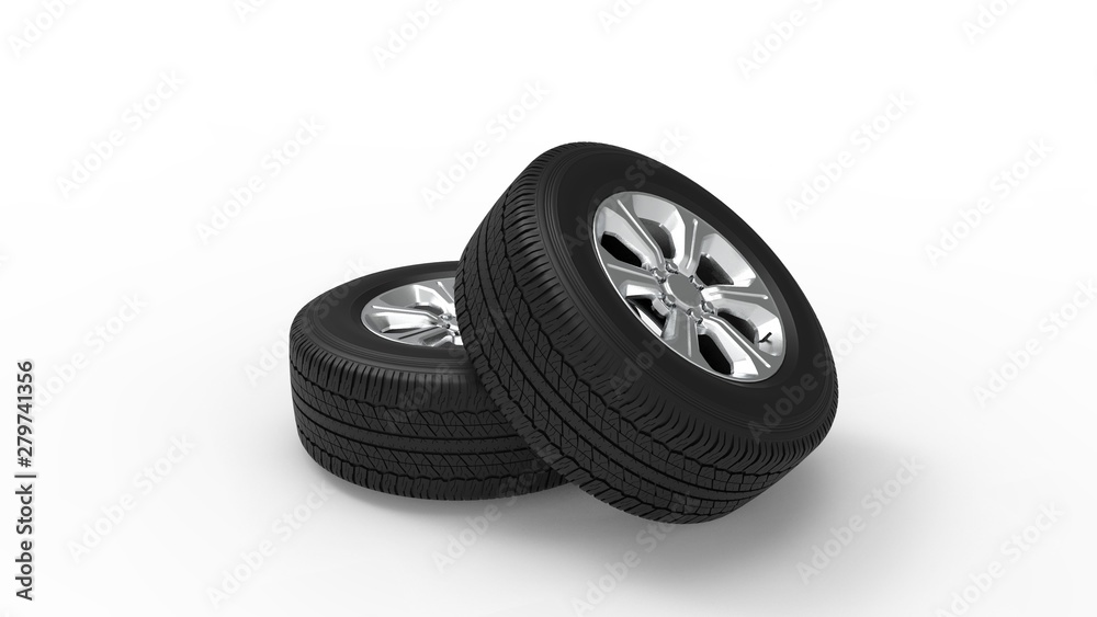 3d rendering of two car tires isolated in white background 3d rendering of two car tires isolated in white background