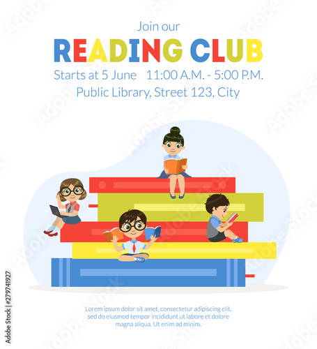 Reading Club Banner Template, Cute Little Boys and Girls Sitting and Reading on Giant Stack of Books Vector Illustration