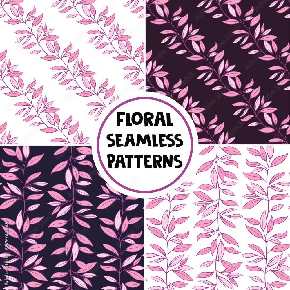 Fototapeta Set of floral seamless patterns. Vector illustration of pink branches and leaves. Design for fabrics, wallpapers, textiles, web design.