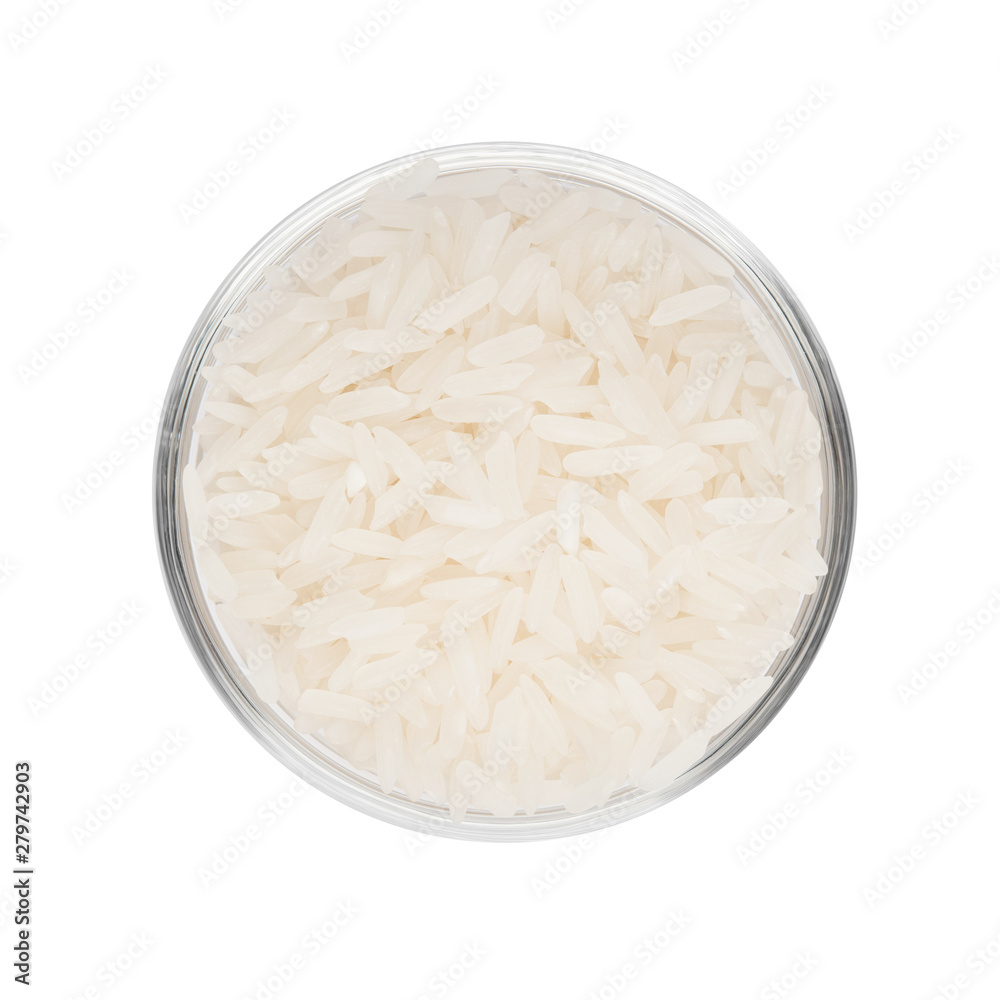 White rice in glass bowl isolated on white background top view raw food object design White rice in glass bowl isolated on white background top view raw food object design