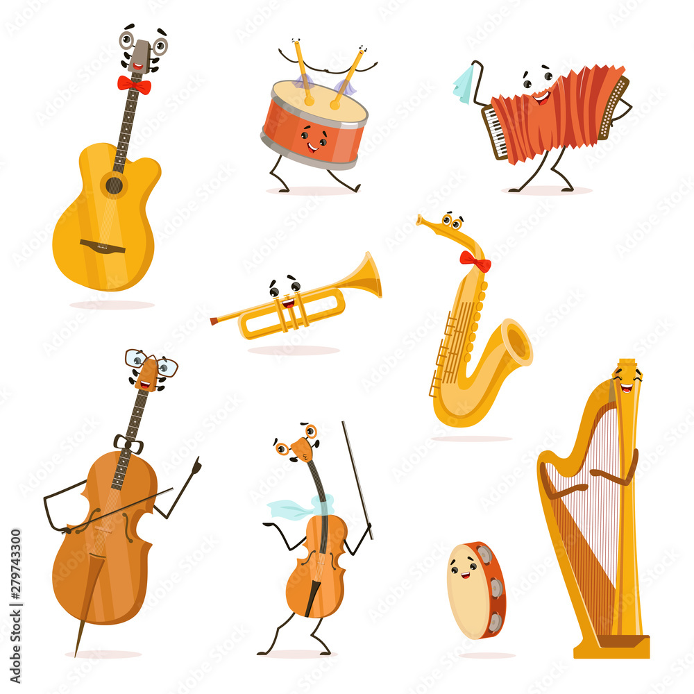 Photo & Art Print Funny Musical Instruments Cartoon Characters with Funny  Faces Set, Cello, Saxoph