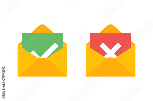Envelopes with green checkmark and red cross. Approved letter. Rejectioned letter. Isolated elements. Notification symbols.