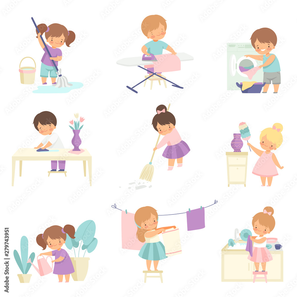 Cute Adorable Kids Doing Housework Chores at Home Set, Cute Little Boys and Girls Sweeping Floor, Ironing Clothes, Washing Dishes, Watering Houseplants Vector Illustration Cute Adorable Kids Doing Housework Chores at Home Set, Cute Little Boys and Girls Sweeping Floor, Ironing Clothes, Washing Dishes, Watering Houseplants Vector Illustration