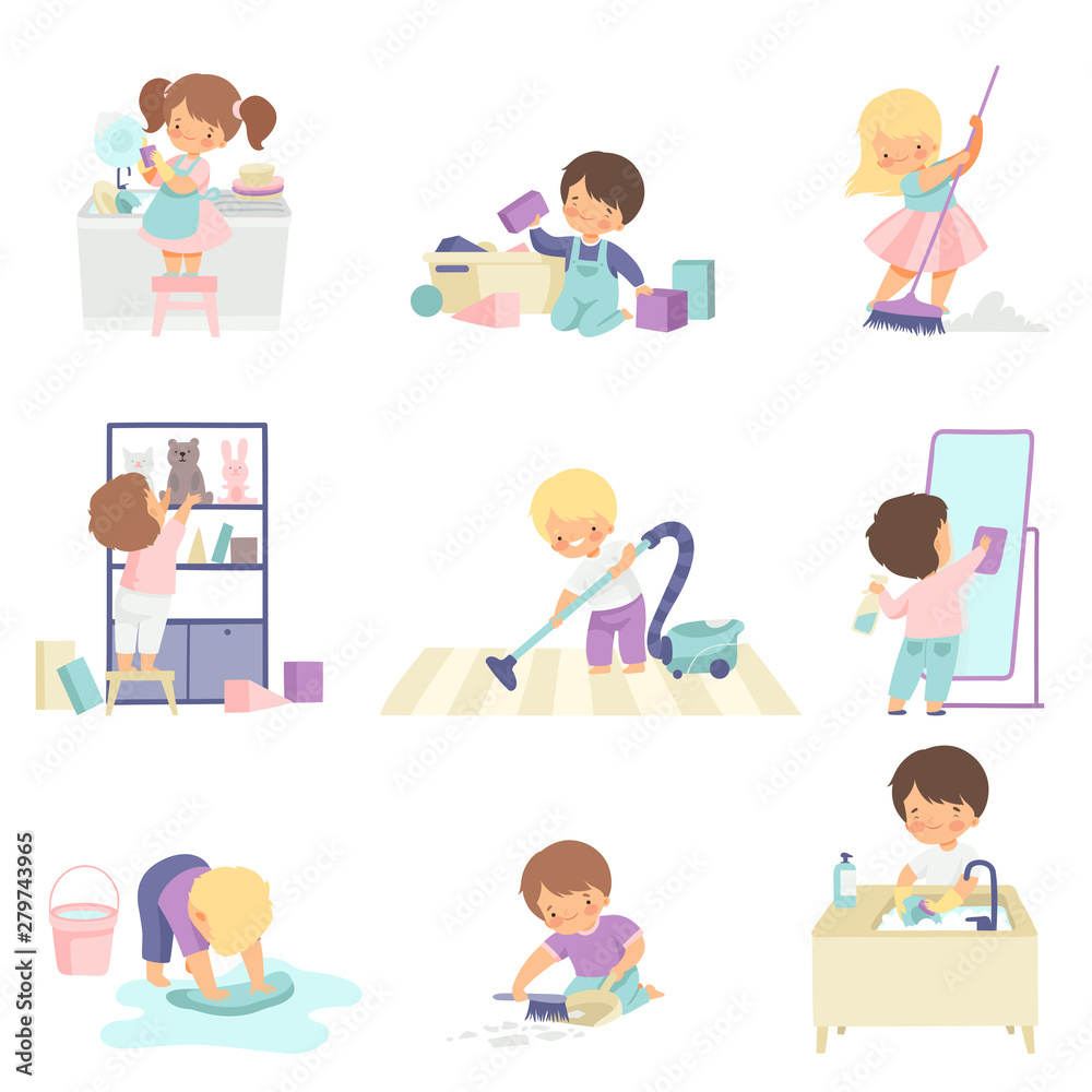 Cute Adorable Kids Doing Housework Chores at Home Set, Cute Little Boys and Girls Washing Floor, Dishes, Cleaning Up Toys Vector Illustration Cute Adorable Kids Doing Housework Chores at Home Set, Cute Little Boys and Girls Washing Floor, Dishes, Cleaning Up Toys Vector Illustration