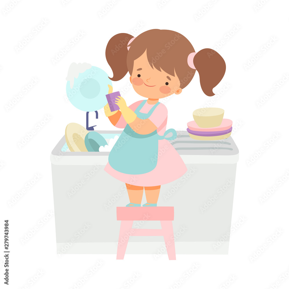 Cute Girl Washing Dishes, Adorable Kid Doing Housework Chores at Home Vector Illustration