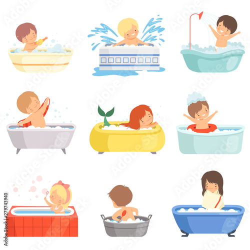 Cute Little Kids Bathing and Playing in Bathtub Set, Adorable Boys and Girls in Bathroom, Daily Hygiene Vector Illustration