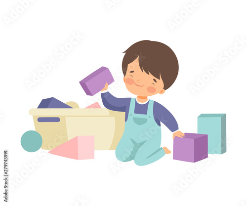 Cute Boy Sitting on Floor and Cleaning Up His Toys, Kid Doing Housework Chores at Home Vector Illustration